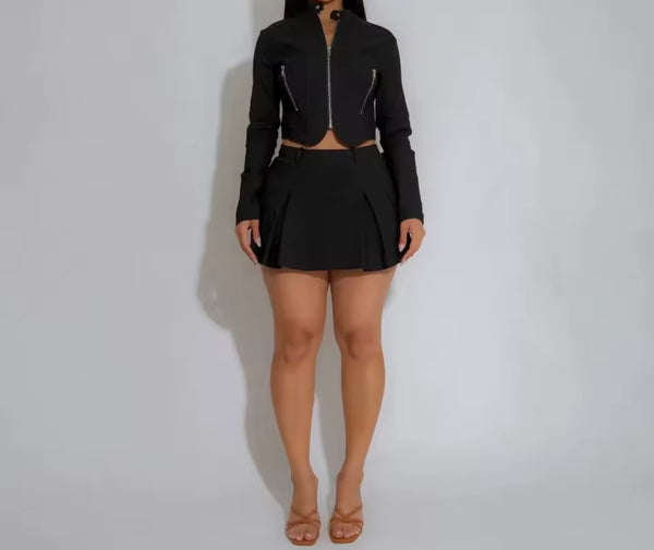 Women Zip Up Full Sleeve Fashion Two Piece Pleated Skirt Set
