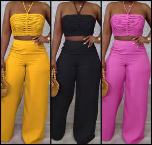 Women Halter Sleeveless Ruched Fashion Two Piece Pant Set