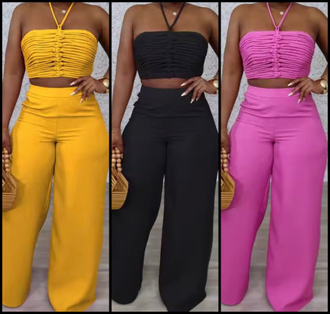 Women Halter Sleeveless Ruched Fashion Two Piece Pant Set