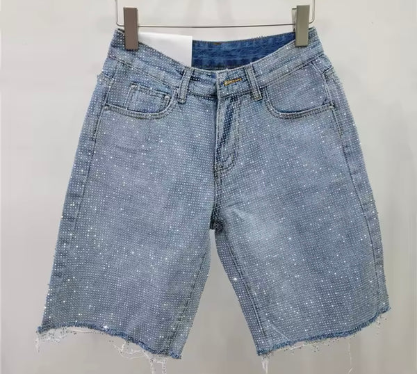 Women Fashion Ripped Bling Denim Jacket Two Piece Short Set