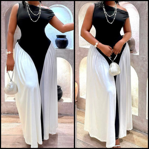 Women Sexy B&W One Shoulder Sleeveless Maxi Dress