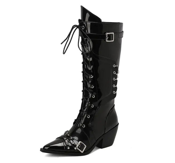 Women Fashion Pointed Toe Buckled Chain Lace Up Knee High Boots