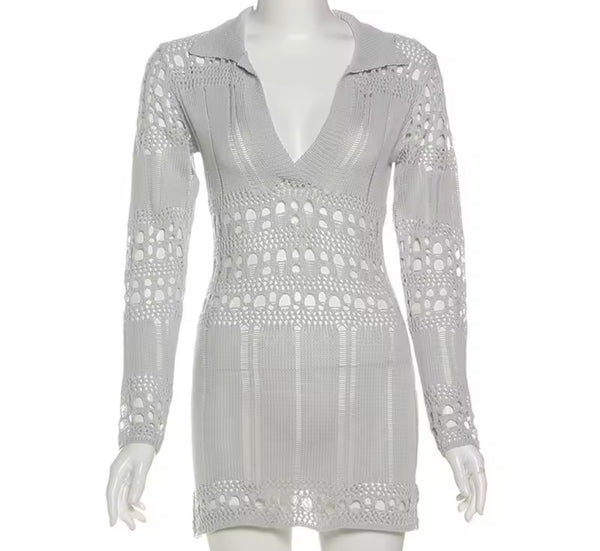 Women Gray Collar V-Neck Full Sleeve Knitted Dress