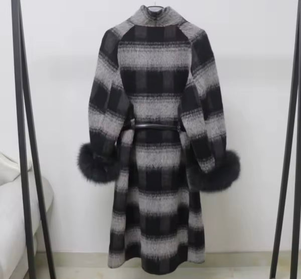 Women Fashion Fur Patchwork Plaid Trench Jacket