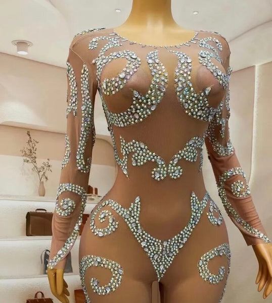 Women Sexy Nude Bling Full Sleeve Jumpsuit