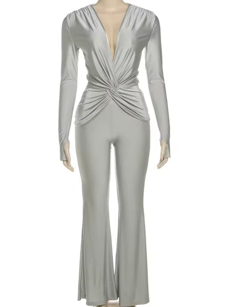 Women Solid Color Ruched Full Sleeve Two Piece Pant Set