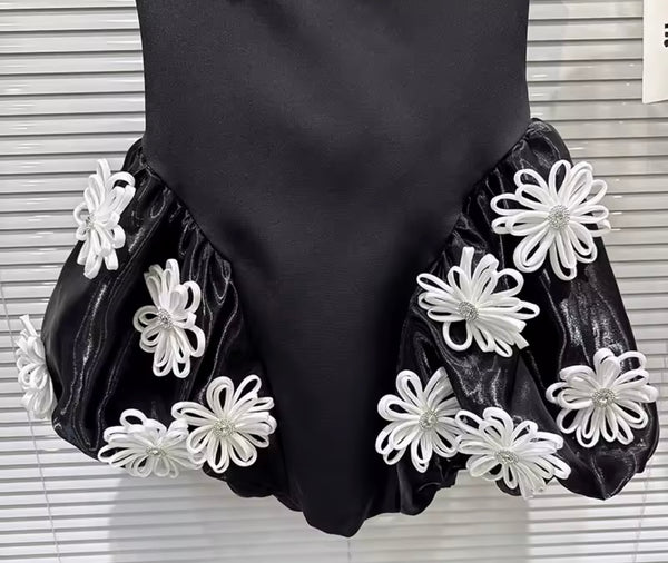 Women Strapless Sexy Black Bling 3D Floral Corset Dress