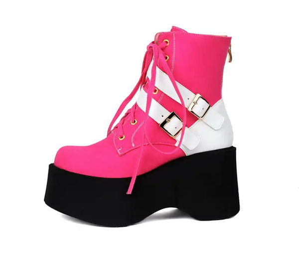 Women Fashion Color Patchwork Buckled Platform Ankle Boots