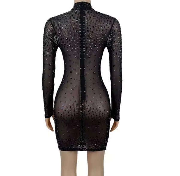 Women Sexy Crystal Mesh Full Sleeve Dress
