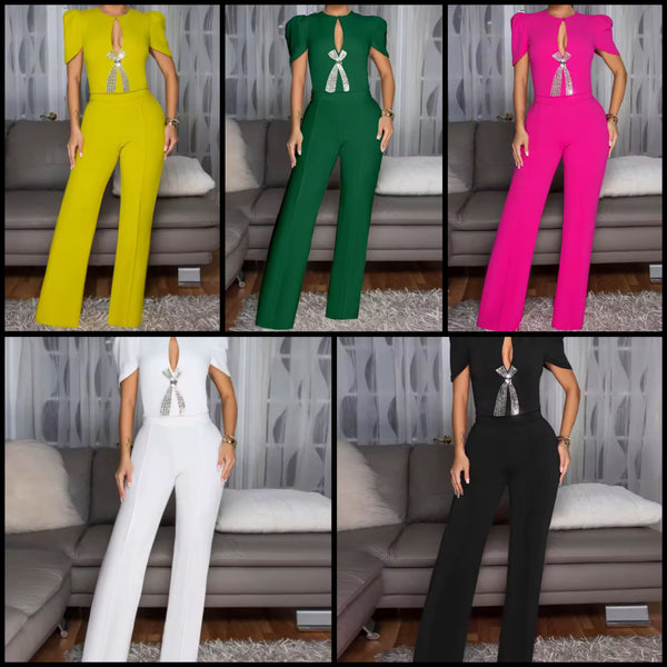 Women Fashion Bling Bow Short Sleeve Jumpsuit