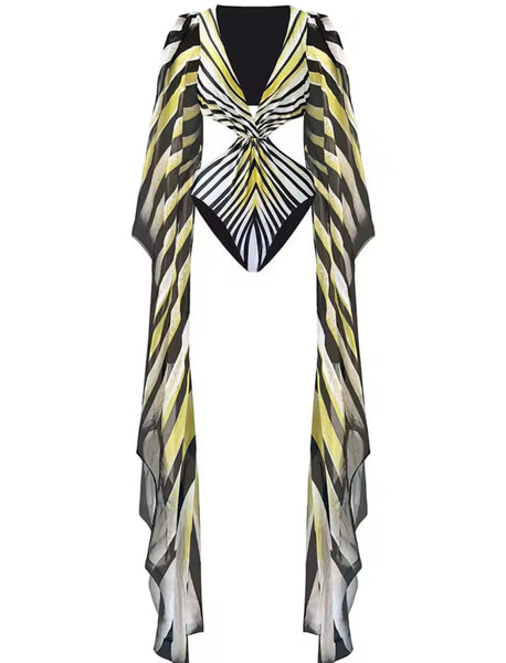 Women Sexy Color Striped Cut Out Full Flare Sleeve Swimsuit