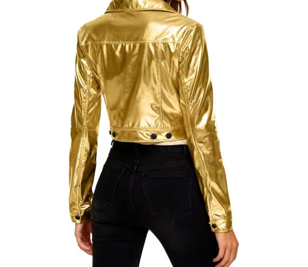 Women Fashion Color Zip Up Metallic PU Jacket