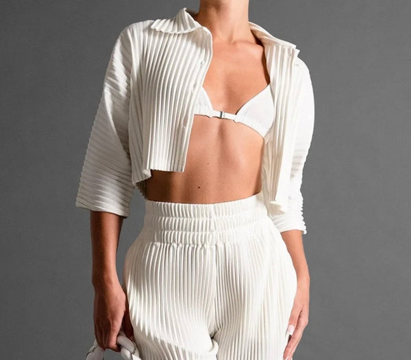 Women Sexy Solid Color Button Up Short Sleeve Crop Two Piece Pant Set