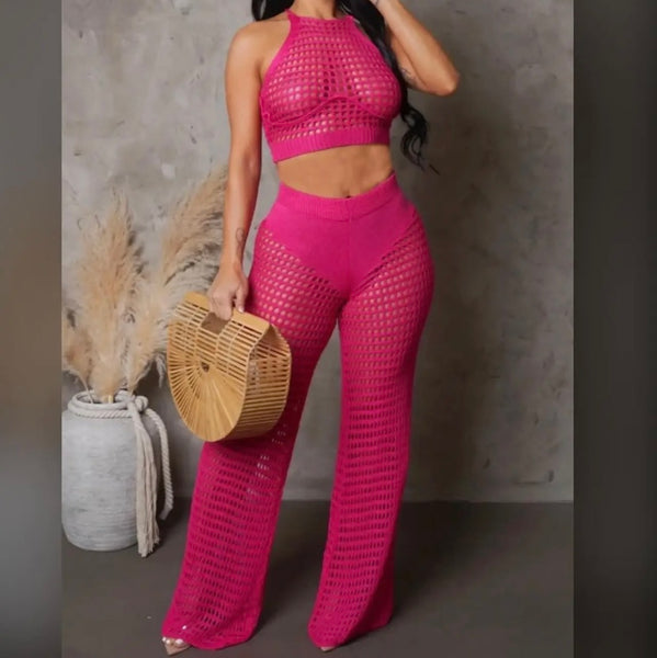 Women Pink Sexy Sleeveless Knitted Two Piece Pant Set