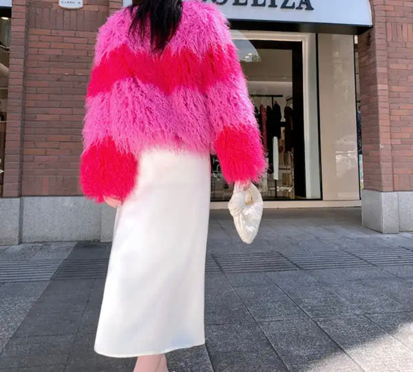 Women Fashion Pink Color Patchwork Faux Fur Jacket