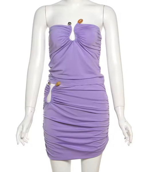 Women Sexy Metal Strapless Purple Two Piece Skirt Set