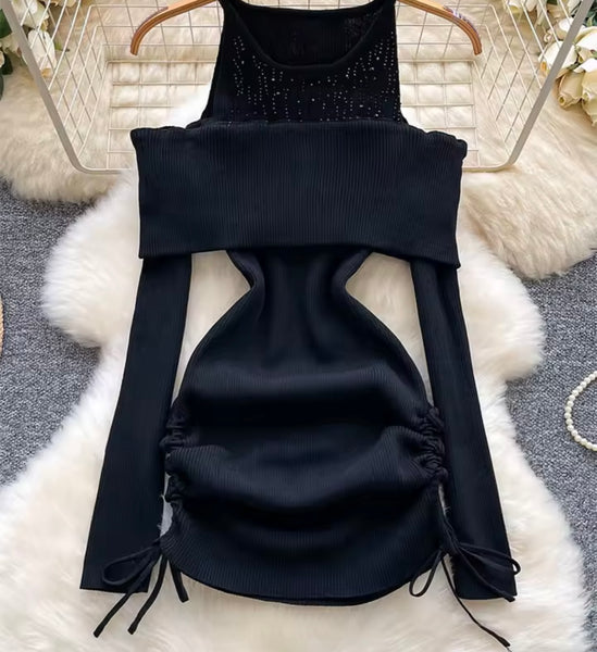 Women Bling Ribbed Full Sleeve Sexy Drawstring Dress