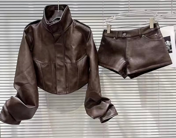 Women Fashion Brown Faux Leather Jacket Two Piece Short Set