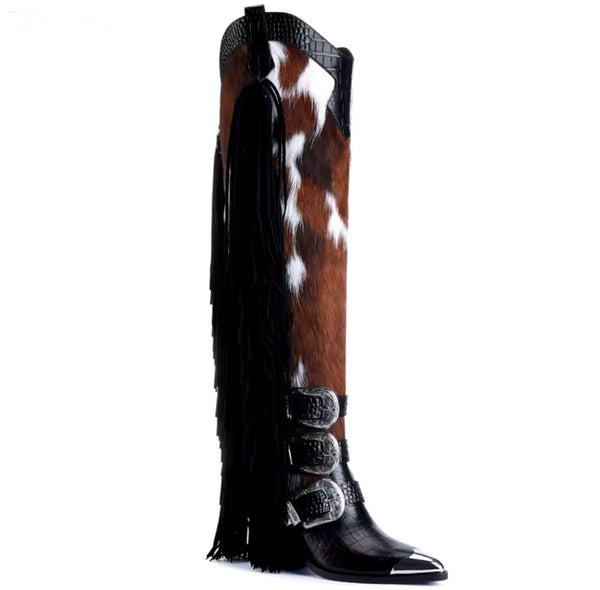 Women Fashion Fringe Buckled Knee High Western Boots