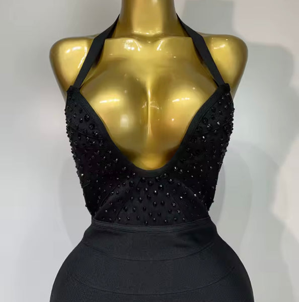 Women Sexy Black Rhinestone Halter Sleeveless Maxi Dress