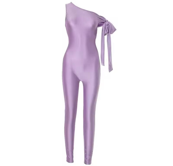 Women Sexy Purple Slant Shoulder Bow Jumpsuit