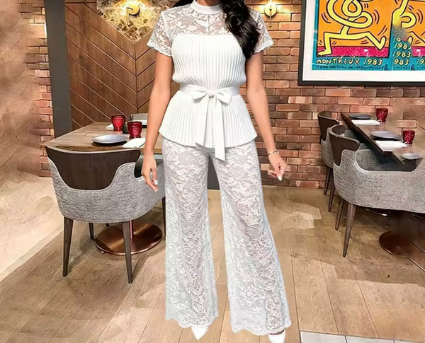 Women Pleated Lace Belted Short Sleeve Two Piece Pant Set