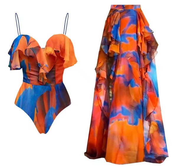 Women Sexy Colorful Ruffled Sweatsuit Cover Up Set