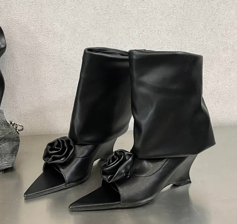 Women Fashion Pointed Open Toe Rose Platform Wedge Ankle Boots