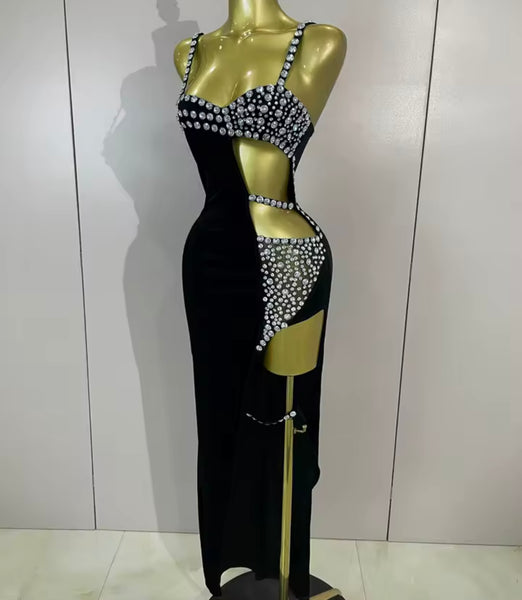 Women Sleeveless Black Cut Out Rhinestone Velour Maxi Dress