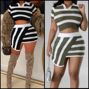 Women Sexy Striped Short Sleeve Two Piece Skirt Set