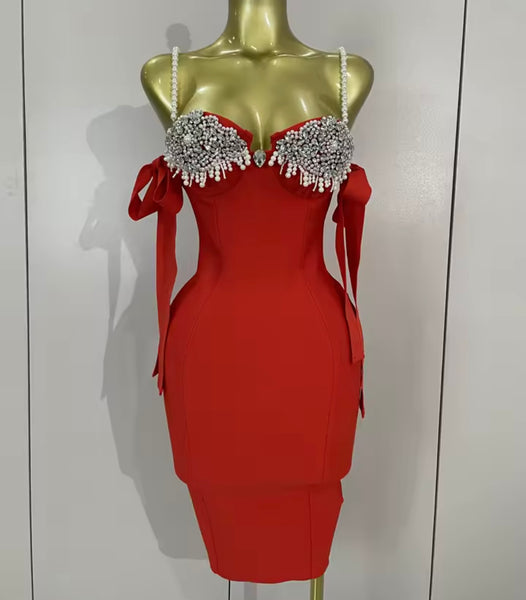 Women Sexy Pearl Rhinestone Sleeveless Bandage Dress