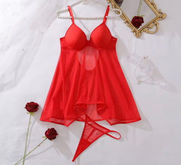 Women Sexy Solid Color Open Back Mesh Nightgown Lingerie Set