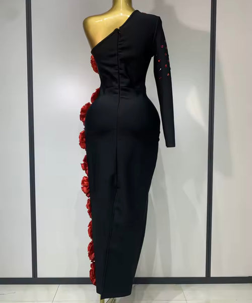 Women Black Sexy One Shoulder Full Sleeve 3D Floral Rhinestone Maxi Dress