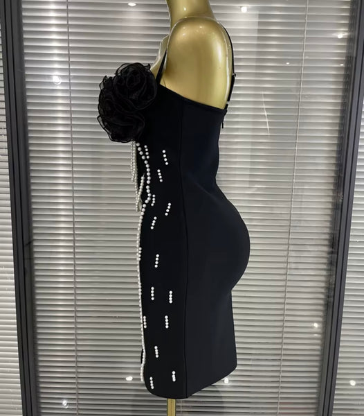 Women Black Sexy Sleeveless Ruffle Pearl Patchwork Dress