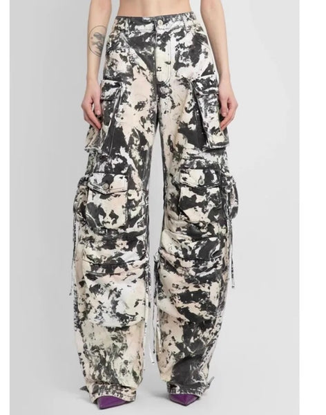 Women Fashion B&W Tie Dye Cargo Denim Pants