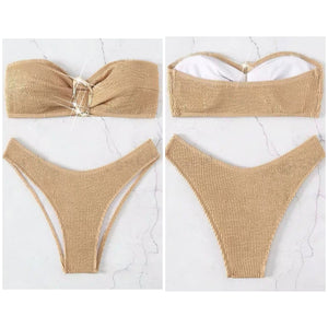 Women Sexy Metal Strapless Bikini Swimsuit