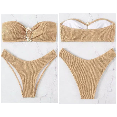 Women Sexy Metal Strapless Bikini Swimsuit