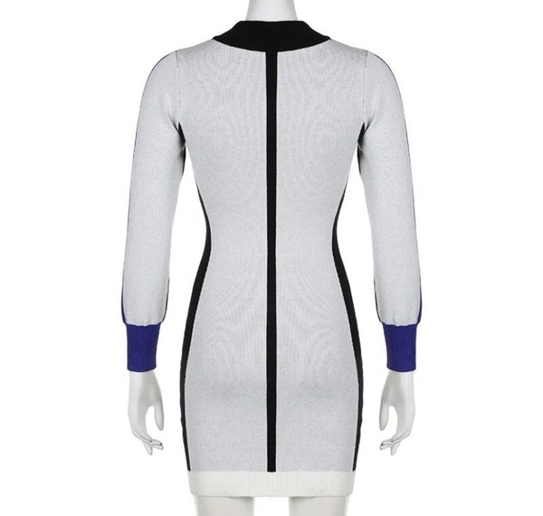 Women Sexy Fashion Full Sleeve Front Zipper Color Patchwork Dress