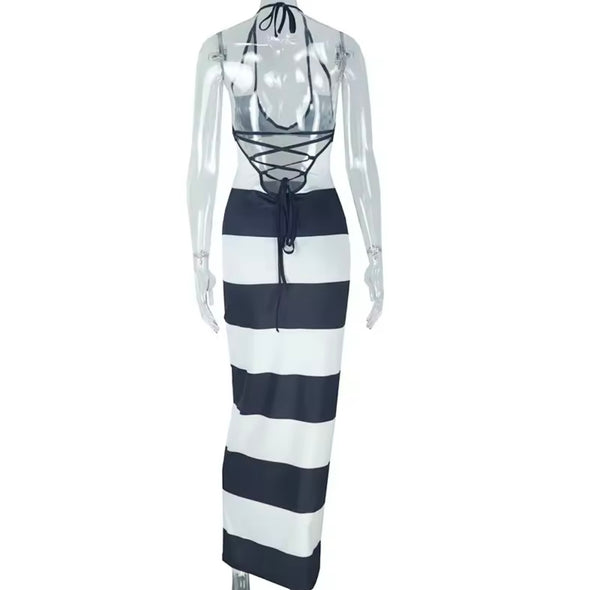 Women Sexy B&W Striped Halter Lace Up Open Back Maxi Dress