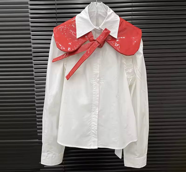 Women Button Up Full Sleeve PU Shawl Two Piece Top