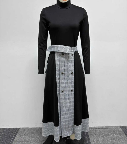 Women Turtleneck Full Sleeve Plaid Patchwork Two Piece Skirt Set