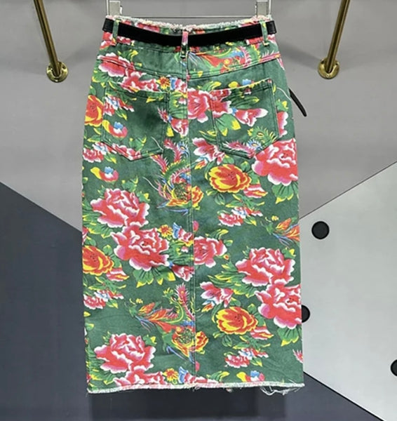 Women Sexy Fashion Green Floral Denim Long Skirt