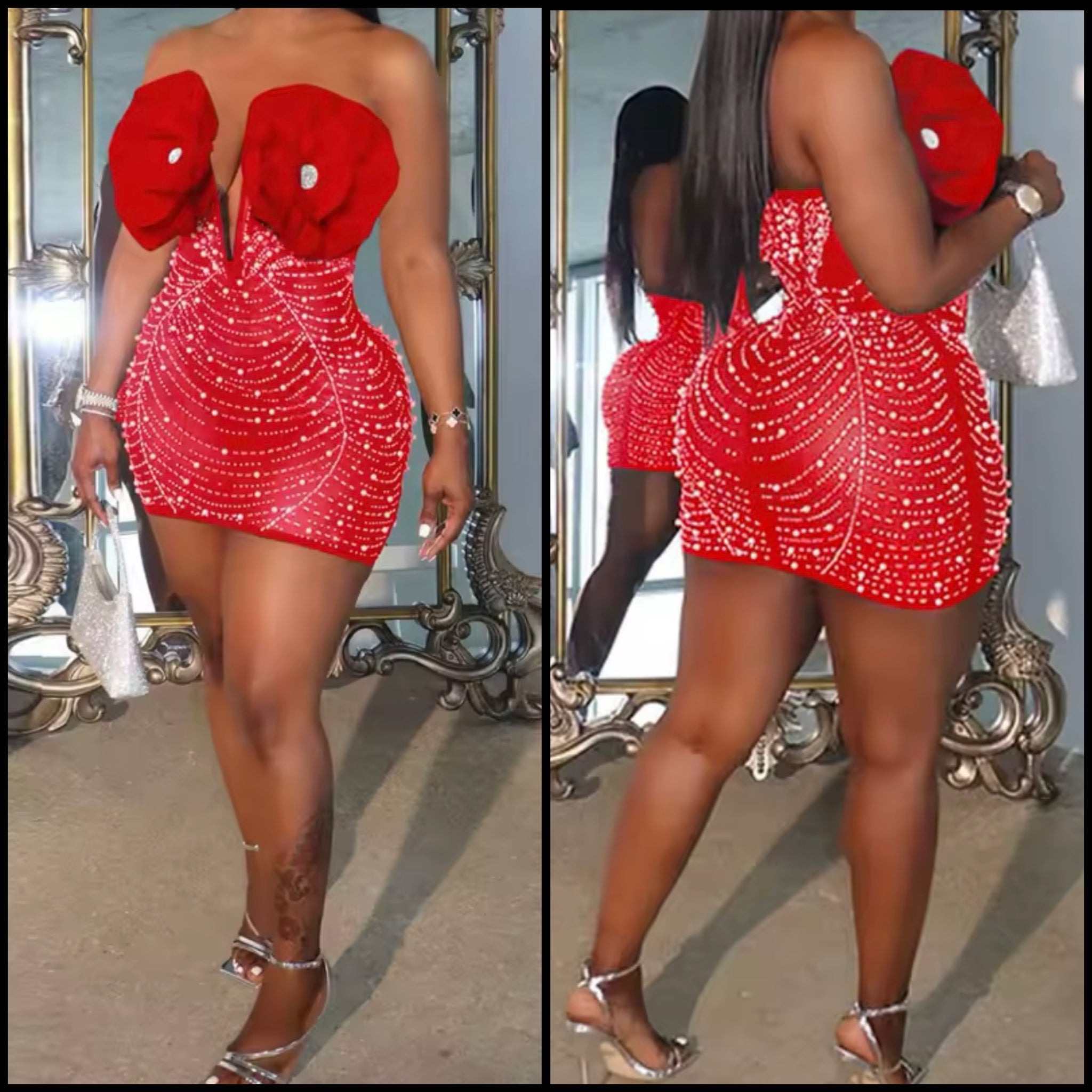 Women Sexy Strapless Red Beaded Mesh Dress