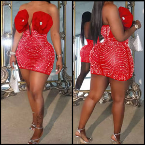 Women Sexy Strapless Red Beaded Mesh Dress