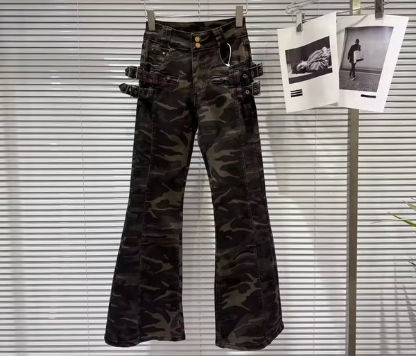 Women Fashion Camouflage Buckle Denim Pants