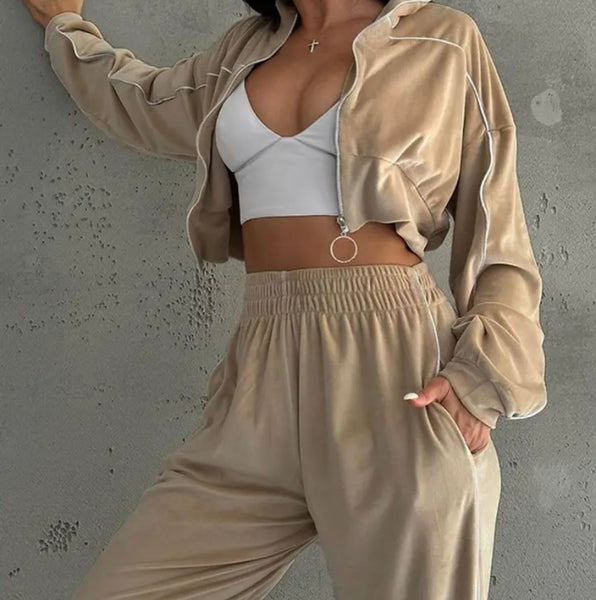 Women Fashion Velour Striped Full Sleeve Tracksuit Two Piece Pant Set