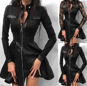 Women Sexy Black Full Sleeve Front Zipper PU Patchwork Dress