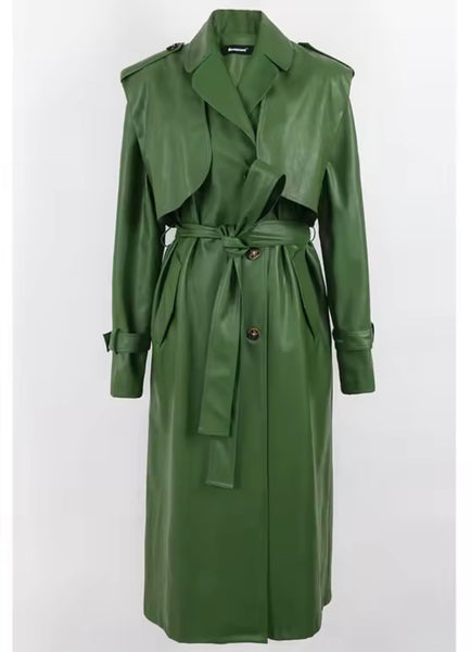 Women Green Faux Leather Fashion Long Trench Jacket