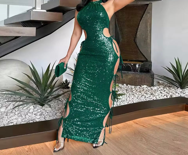 Women Sexy Sleeveless Sequins Color Cut Out Maxi Dress