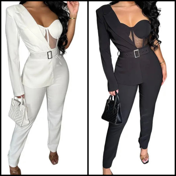 Women Sexy One Shoulder Full Sleeve Mesh Patchwork Blazer Jumpsuit